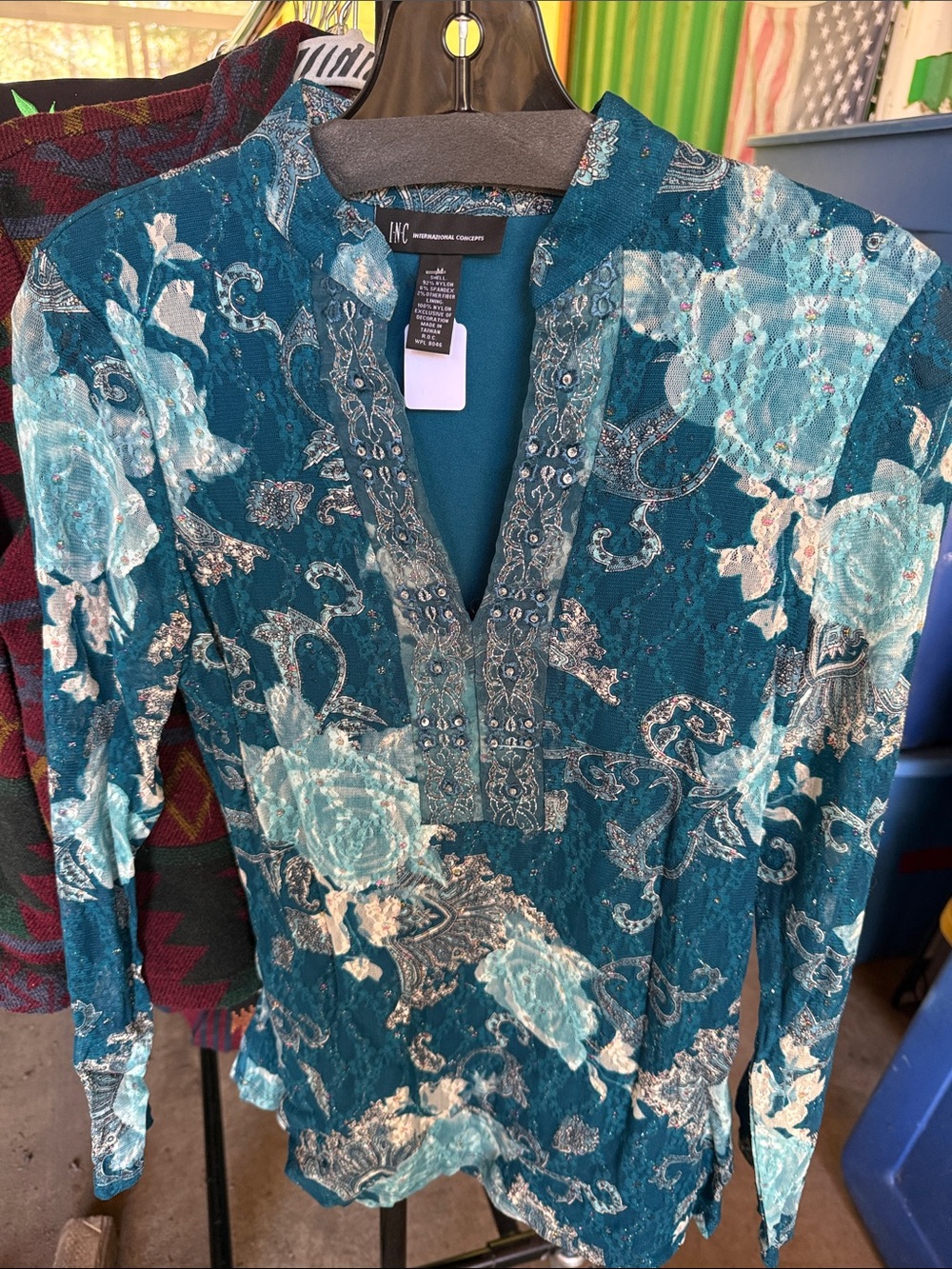 INC International Concepts Teal and Light Blue Embellished Floral Tunic